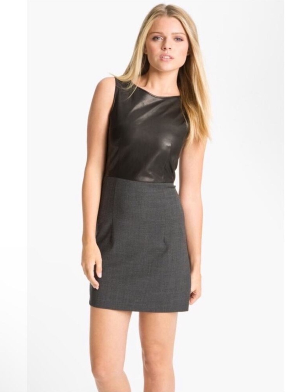 Theory Tirionne C Magistrate Leather Wool Sheath Dress Black Charcoal Size 2